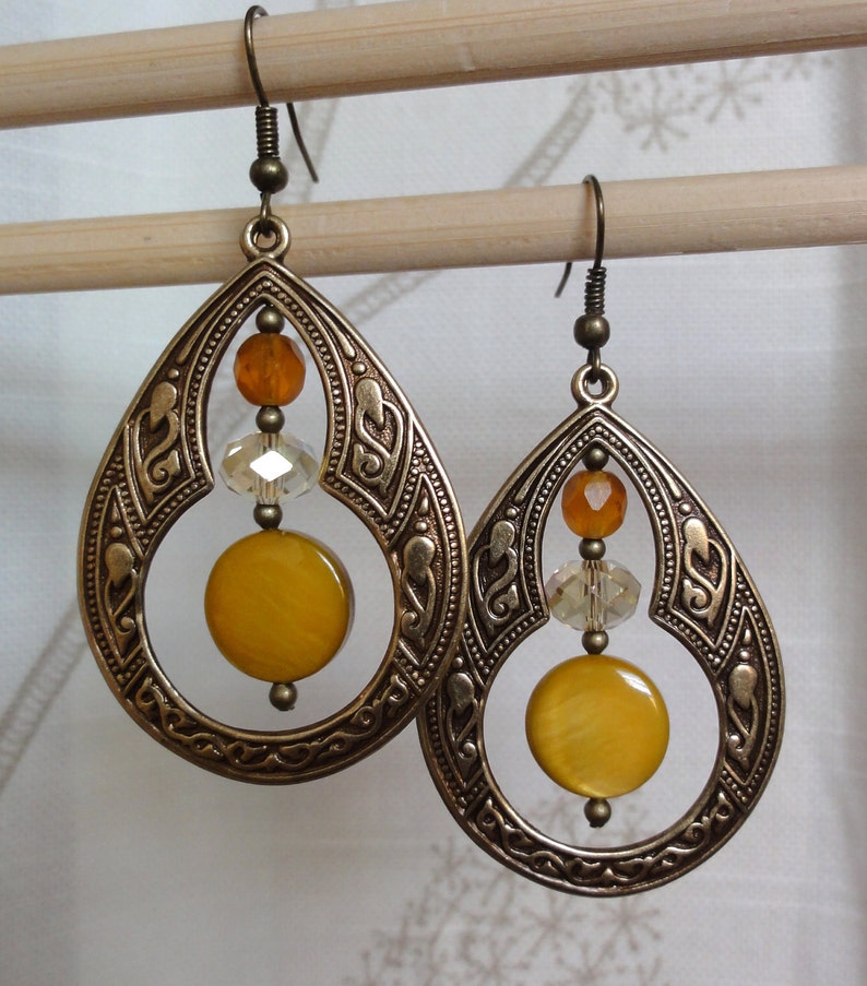 Antique Brass Earrings Moroccan Flair W/ Saffron Yellow - Etsy