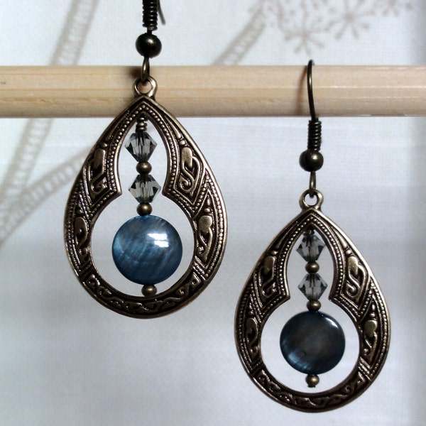 Antique Brass Earrings - Moroccan Flair w/ Gray Blue Swarovski Crystals & Steel Blue MOP