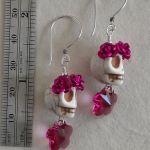 Dia de los Muertos Pink Flowers and White Skull Earrings image 2