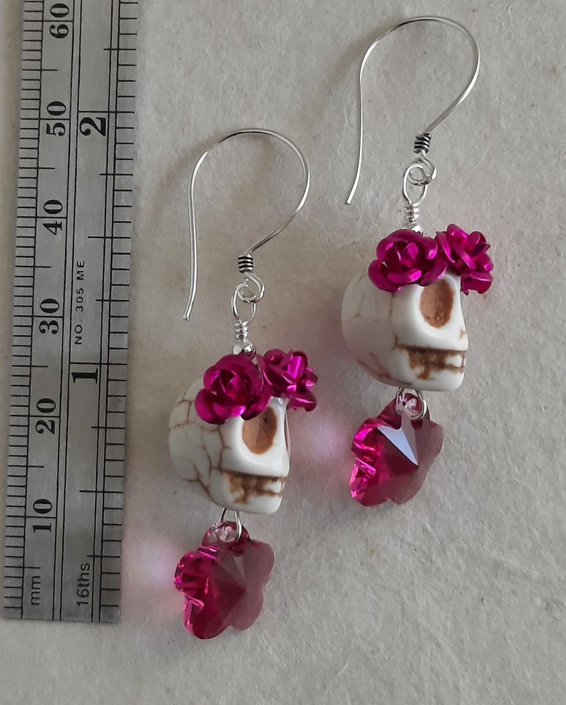 Dia de los Muertos Pink Flowers and White Skull Earrings image 2