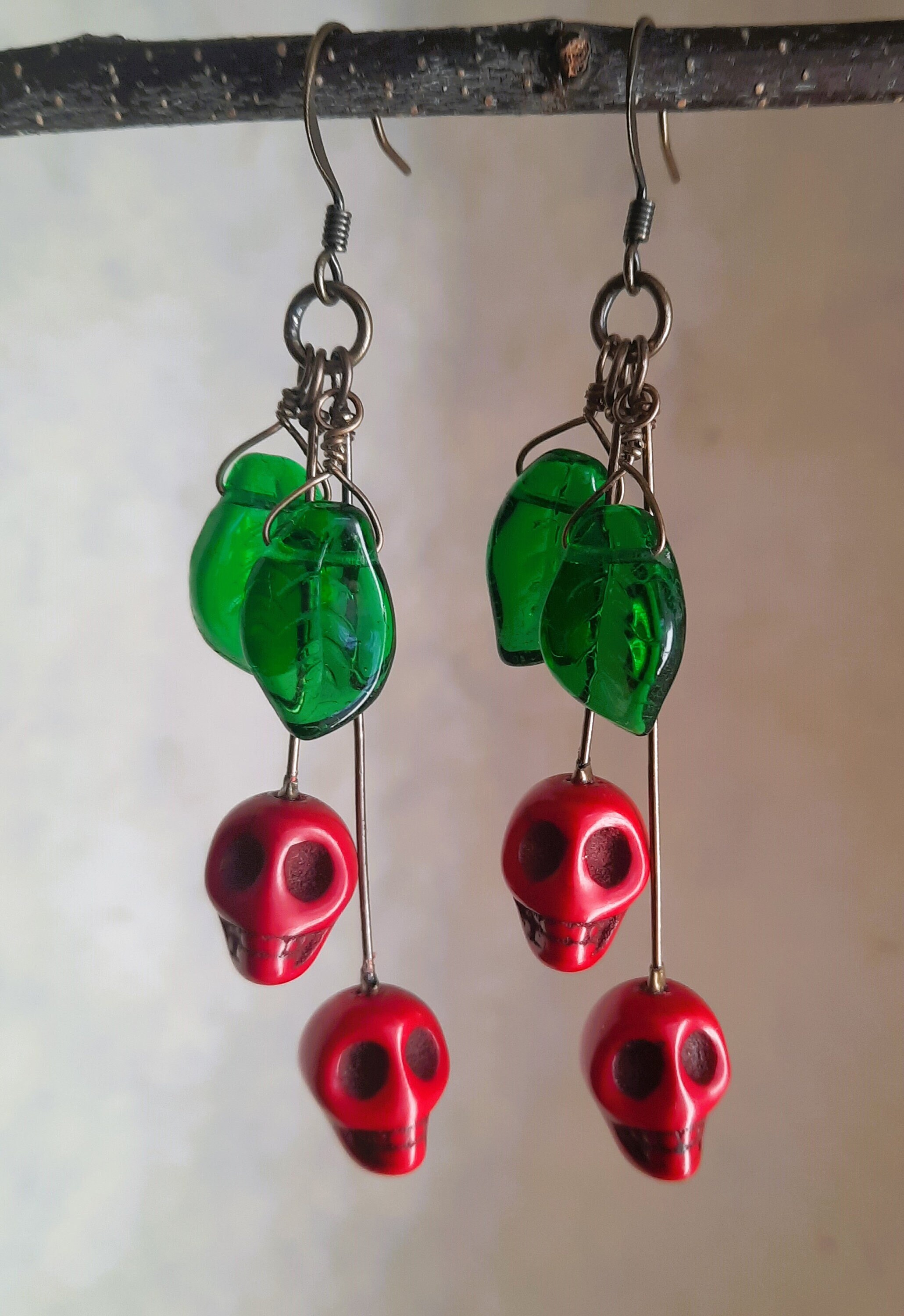Creepy Cute Skull Cherry Earrings, Red Marble Acrylic Scary