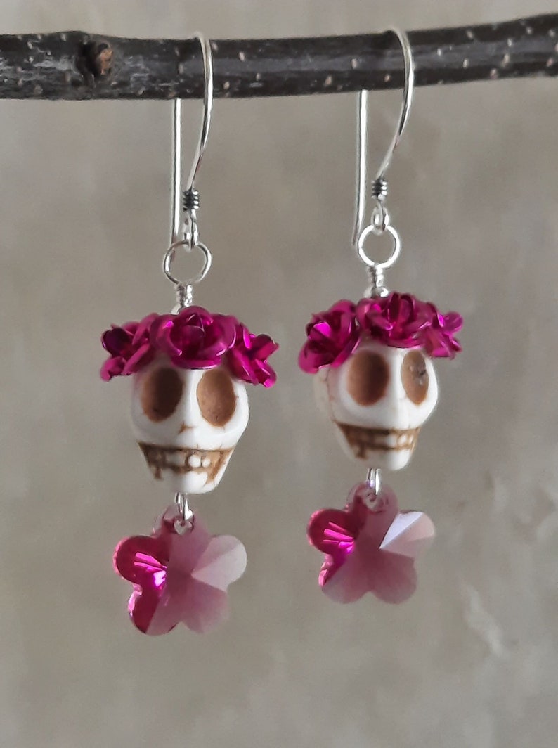 Dia de los Muertos Pink Flowers and White Skull Earrings image 1