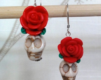 Dia de los Muertos Earrings - White Howlite Skull w/ Red Flower