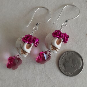 Dia de los Muertos Pink Flowers and White Skull Earrings image 3