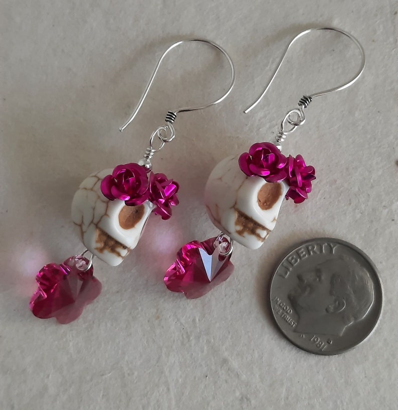 Dia de los Muertos Pink Flowers and White Skull Earrings image 3