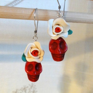 Dia de los Muertos Earrings Red Skull w/ White Flower image 1