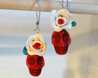 Dia de los Muertos Earrings - Red Skull w/ White Flower