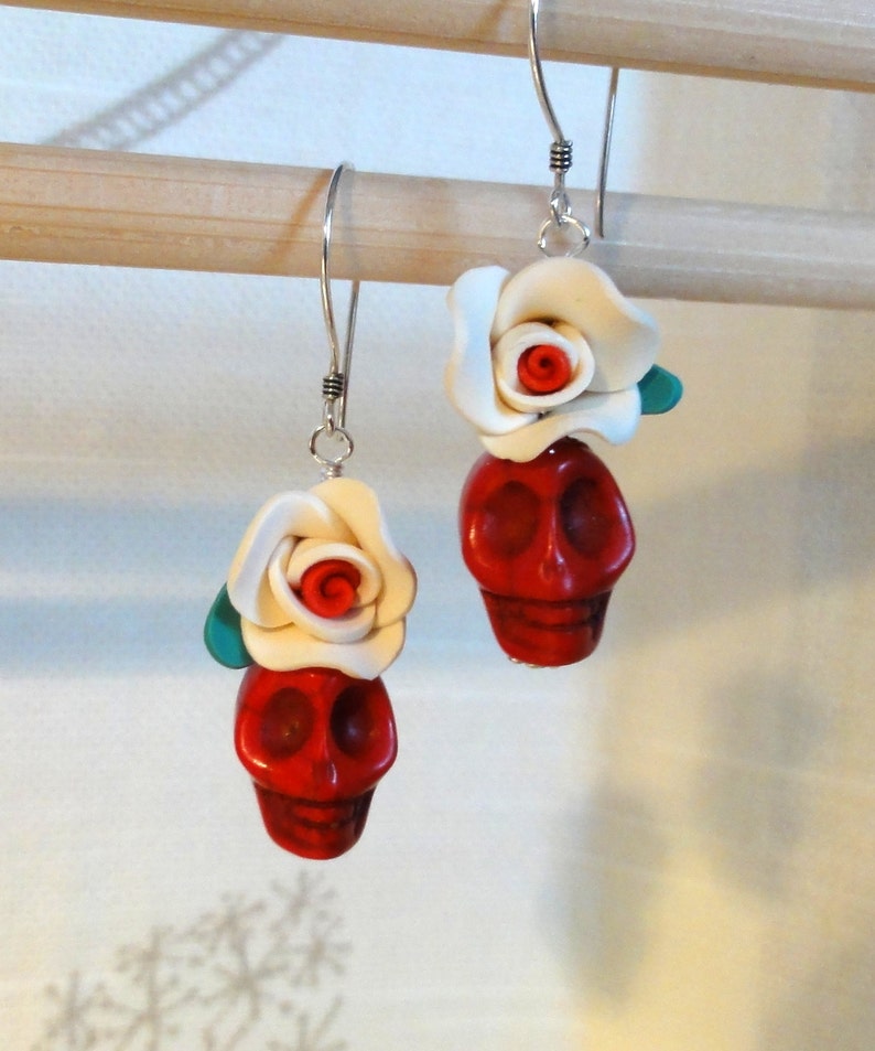 Dia de los Muertos Earrings Red Skull w/ White Flower image 1