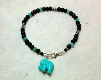 Beaded Bracelet with tuquoise elephant charm - Dark brown Agarwood beads, Aventurine, and sterling silver