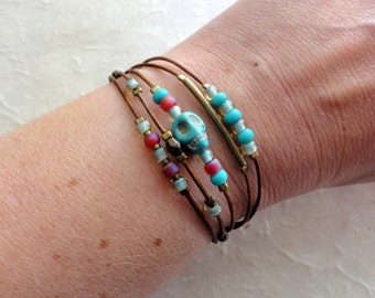 Multi-Strand Beaded Leather Skull Bracelet - Leather, Pink & Turquoise Calavera Bracelet