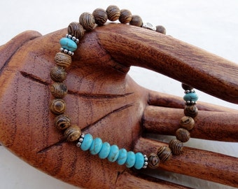 Turquoise and Senna Wood Beaded Bracelet - Mala Bead Stretch Bracelet - Stackable Beaded Bracelet