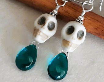 Peacock Quartz Calavera Earrings - White Howlite Skull w/ Blue-Green Quartz Drop