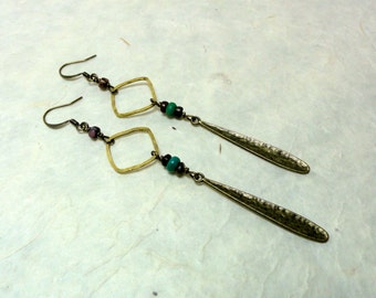 Long Brass Drop Earrings - gemstone accented brass earrings