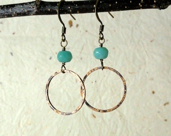 Hammer copper hoop & blue amozonite earrings