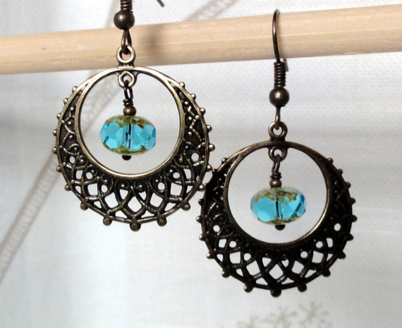 Items similar to Oxidized Brass Filigree Hoops w/ Faceted Aqua Picasso ...