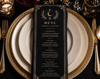 Celestial Gothic Wedding Menu Template, Black Gold Moon Stars Reception (Editable Canva)