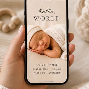 Hej världen babymeddelandemall, redigerbar nyföddfotoavslöjning (digital nedladdning)