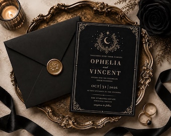 May include: A black wedding invitation with gold lettering and ornate border sits on a gold-toned tray next to a matching envelope sealed with a gold wax stamp. The invitation reads "Ophelia and Vincent" and the wedding date.