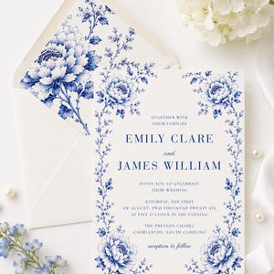 Blue Chinoiserie Wedding Invitation, Floral Delft Wedding Invite (Canva Template)