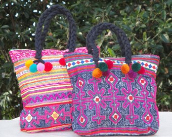 Mini Handbag - Hmong Embroidered fabric - Bohemian Hippy Style Bag - Pom Pom - Each SOLD Separately