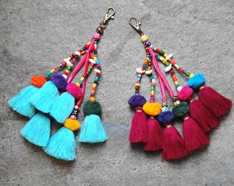 Tassels PomPom Beads Bag Charm - Hill Tribe Cotton Yarn PomPom - Wooden Beads - Beach Bag Accent - Tote Charm