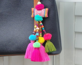 Tassel Pom Pom  Bag Charm - Vintage embroidered Hmong fabric - Tassel Keychain - Tote Charm - Beach Bag accessories