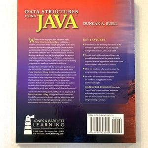 Pu&ograve; includere: La copertina posteriore di un libro di testo intitolato "Data Structures Using Java" di Duncan A. Buell. La copertina &egrave; prevalentemente rossa e presenta testo bianco e giallo. Sono visibili anche le caratteristiche principali e un ISBN.