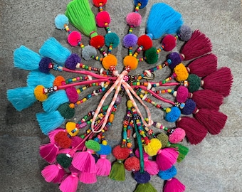 Charm de sac coloré à pompons et pompons - Accessoire fourre-tout bohème