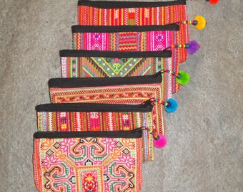 Wallet - Hmong Embroidered Bag - Cosmetic Bag - Phone Case - All Purpose Small Bag - Coils Bag - Vintage Fabric - Bohemian Hippy Boho