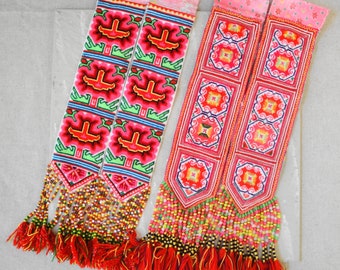 SHIP From USA - Preowned Hmong Textile - Embroidered Hill Tribe textile - Bead Tassel - Each Pair SOLD Separately
