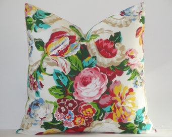DOUBLE SIDED - 18 x 18 Decorative Pillow Cover - Floral Print Accent Pillow - French Country - Cottage Decor - Pink Red Green Blue Yellow