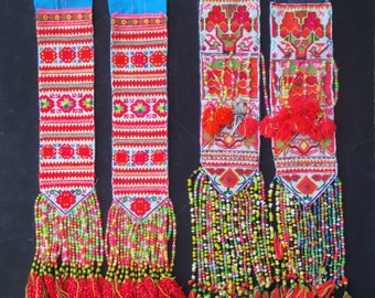 SHIP From USA - Preowned Hmong Textile - Embroidered Hill Tribe textile - Bead Tassel - Each Pair SOLD Separately