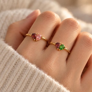 Custom Two Birthstone Heart Ring, Minimalist 14K Gold Stackable Personalized Jewelry，Dainty Stacking Ring, Birthday Gift, Christmas Gift