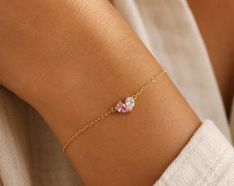 Custom Heart Birthstone Bracelet, 2 Birthstones Bracelet, Couple Anniversary Gift, Birthday Gift, Graduation Gift, Christmas Gift