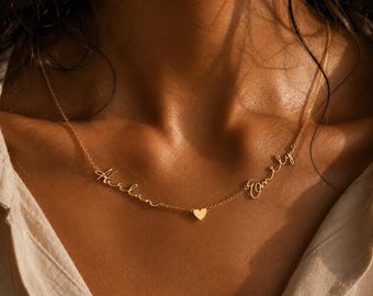 Collier personnalisé avec deux prénoms écrits à la main, collier sur mesure en or 14 carats, bijou délicat avec deux prénoms, cadeau d'anniversaire pour elle, cadeau pour demoiselle d'honneur, cadeau de Noël