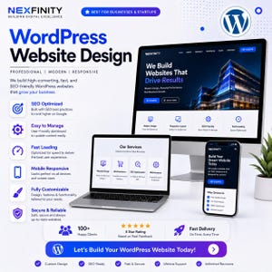 May include: A digital marketing advertisement for Nexfinity WordPress website design services featuring a desktop monitor, a laptop, and a smartphone displaying website interfaces with blue and white text, icons, and a five-star rating graphic.
