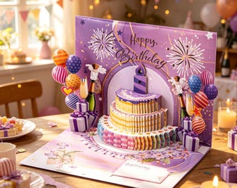 Cartão de aniversário pop-up 3D com música e luzes, bolo roxo e balões, cartão de aniversário interativo com música e envelope.
