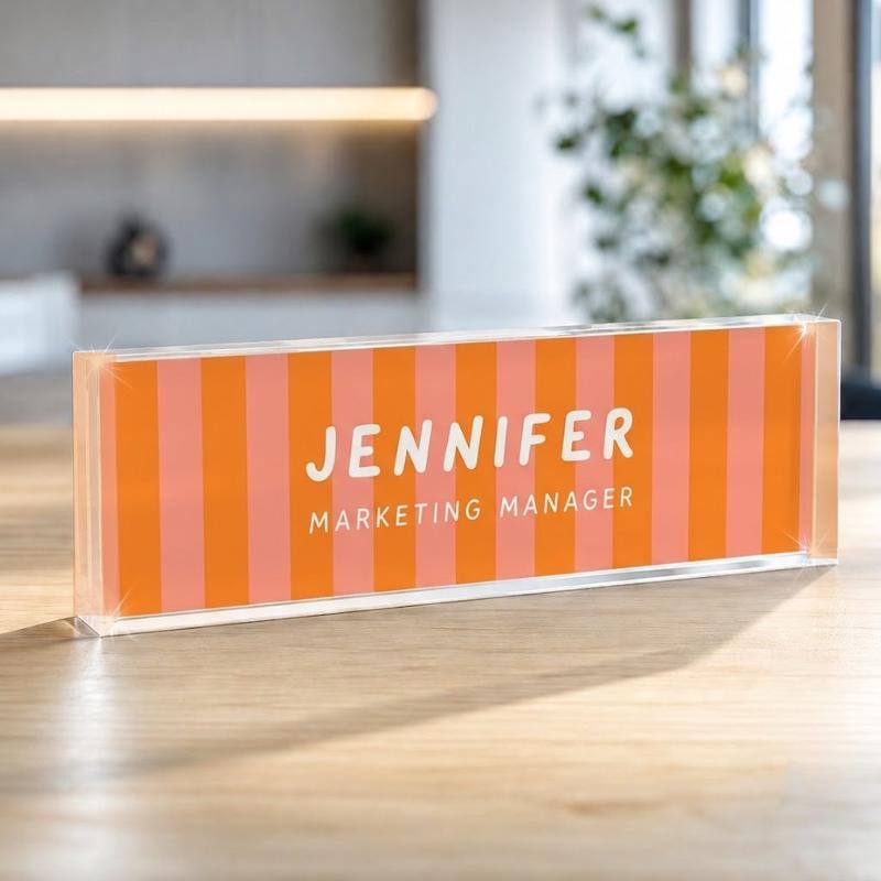Personalized Striped Acrylic Name Block, Custom Office Desk Plaque, Coworker Gift