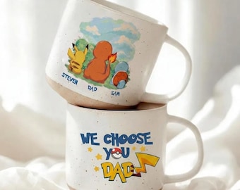Personalized Pokedad Pottery Mug, We Choose You Dad Speckled Coffee Cup, Custom Anime Gamer Father's Day Gift From Kids