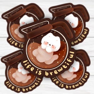 Life Is Brewtiful Adorable Kawaii Cat in Coffee Pot Sticker