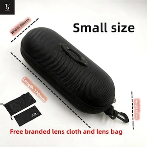 May include: Black, small-sized eyewear case with a zipper closure, measuring 170mm in length, 80mm in width, and 63mm in height. Includes a lens cloth and lens bag. The text "Small size" is visible.
