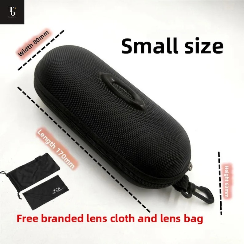 May include: Black, small-sized eyewear case with a zipper closure, measuring 170mm in length, 80mm in width, and 63mm in height. Includes a lens cloth and lens bag. The text "Small size" is visible.