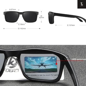 May include: Black rectangular sunglasses with dimensions of 57mm lens width, 42mm lens height, 18mm bridge width, and 142mm frame width. The sunglasses are 137mm in length and are 100% polarized. The text "Wear glasses to see the beautiful patte" is visible.