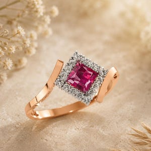 14K Rose Gold Natural Diamond & Ruby Halo Ring