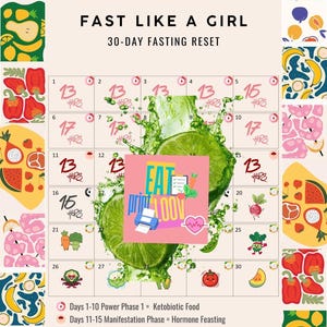 Peut inclure: Un calendrier coloré avec le texte "FAST LIKE A GIRL" et "30-DAY FASTING RESET". Le calendrier présente des illustrations de fruits et légumes, avec le texte "EAT print LOOV" au centre. Le calendrier est un téléchargement PDF.