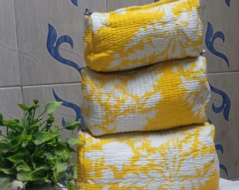 Yellow Floral Toiletry Bag Set, Quilted Cotton Cosmetic Pouch, Travel Organizer