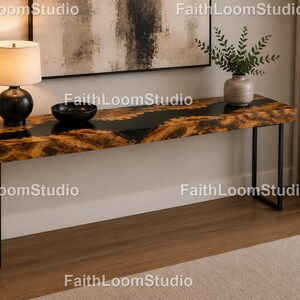 Luxury Black River Epoxy Console Table, Black Resin River Console Table | Modern Black Epoxy Console Table Luxury Black River Console Table