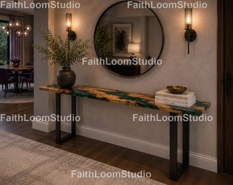 Luxury Emerald River Epoxy Console Table Green Epoxy River Console Table,Live Edge Walnut Epoxy Luxury Green Resin River Console Table,