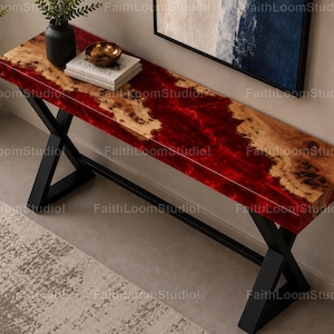 Table console de luxe en résine époxy rouge cramoisi, table d'entrée en bois avec bordures vives, table de canapé en résine moderne, table console de rivière en résine rouge foncé,