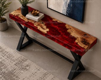 Luxus Crimson Red Epoxy River Konsolentisch, Live Edge Holz Eingangstisch, moderner Harz Sofatisch Tiefroter Resin River Konsolentisch,